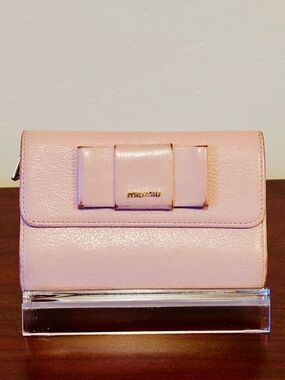 Miu Miu Madras Fiocco Trifold Wallet Blush Pink Leather Bow COA Authentic -EUC